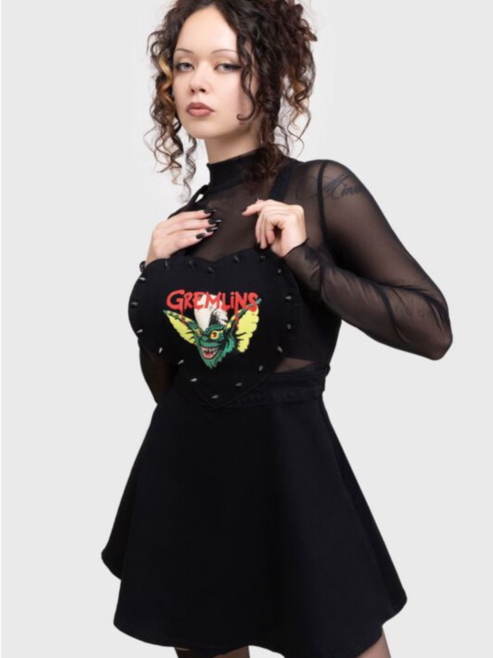 KILLSTAR Gremlins Stripe Studded Pinafore Dress Suspenders Skirt Black Size XS